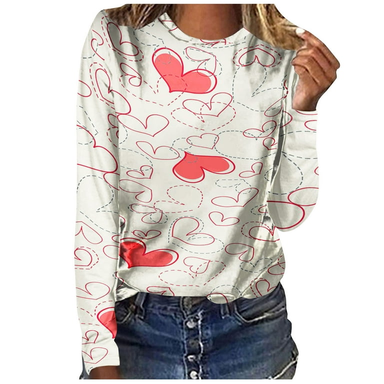 Valentine's Day Long Sleeve Shirts for Women Trendy Sequin Heart Print Crew  Neck Casual Sweatshirts Casual Tunic Tops(Pink,XXL) 