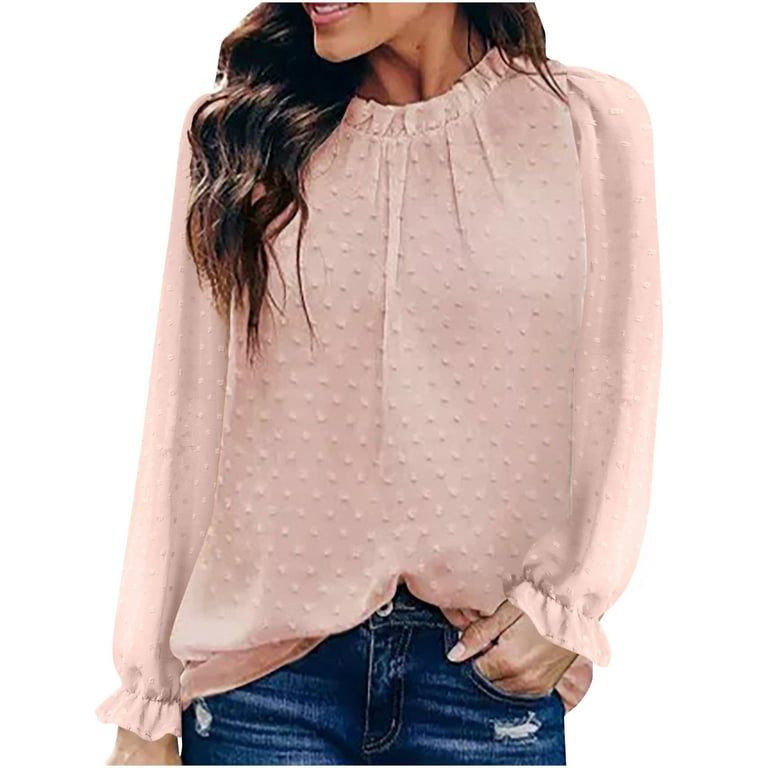 CYMMPU Long Sleeve Plus Size Tops Spring Clothes for Women 2023 Fashion  Solid Color Shirts Trendy Pullover Smock Neck Swiss Dot Fall Sweatshirt  Pink M 