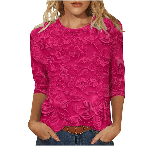 CYMMPU Loose Fit Blouses for Women Dressy Casual Summer Trendy Shirts Flower Pattern Spring Tops Crew Neck 3/4 Sleeve Lightweight Basic Tees Hot Pink XXL