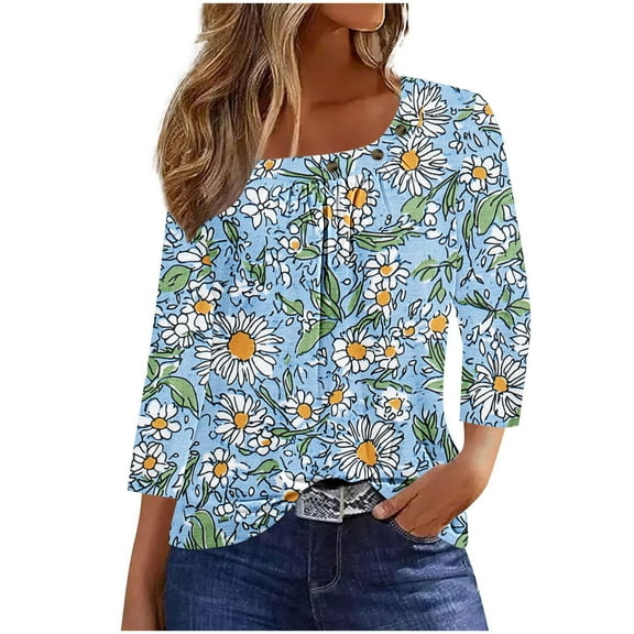 CYMMPU Loose Fit Button up Crew Neck 3/4 Sleeve Tunic Tops Floral Pattern Fall Fashion Shirts Blouses for Women Dressy Casual Spring Tops Plus Size Blouse Light Blue XL