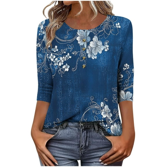 CYMMPU Loose Fit Button up V Neck 3/4 Sleeve Flower Printed Blouses for Women Dressy Casual Spring Tops Fall Fashion Shirts Tunic Tops Business Elegant Work Topss Navy XXL