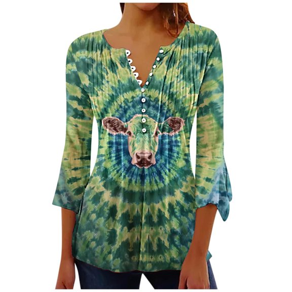 CYMMPU Loose Fit Button V Neck Flare Sleeve 3/4 Sleeve Tunic Tops Spring Tops Blouses for Women Dressy Casual Tie Dye Fall Fashion Shirts Empire Waist A Line T-Shirts M