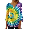thumbnail image 1 of CYMMPU Loose Fit Button V Neck Flare Sleeve Fall Fashion Shirts Blouses for Women Dressy Casual Spring Tops Tie Dye Tunic Tops 3/4 Sleeve Pleated Dressy T-Shirts Multicolor M, 1 of 5