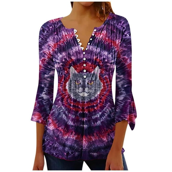 CYMMPU Loose Fit Button V Neck Flare Sleeve Fall Fashion Shirts Blouses for Women Dressy Casual Spring Tunic Tops Tie Dye 3/4 Sleeve Pleated Dressy T-Shirts Multicolor S