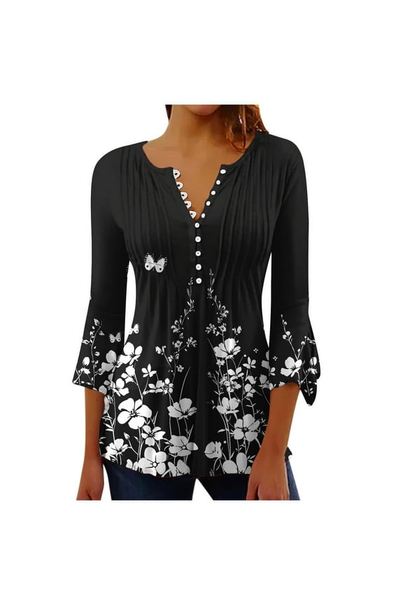 Loose Fit Button V Neck Flare Sleeve Floral Pattern Fall Fashion Shirts 3/4 Sleeve Tunic Tops Spring Tops Blouses for Women Dressy Casual Pleated Dressy T-Shirts Multicolor XXL