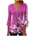thumbnail image 1 of CYMMPU Loose Fit Button V Neck Flare Sleeve Floral Printed Spring Tops Blouses for Women Dressy Casual Summer Trendy Shirts 3/4 Sleeve Tunic Tops Empire Waist A Line T-Shirts XXL, 1 of 5