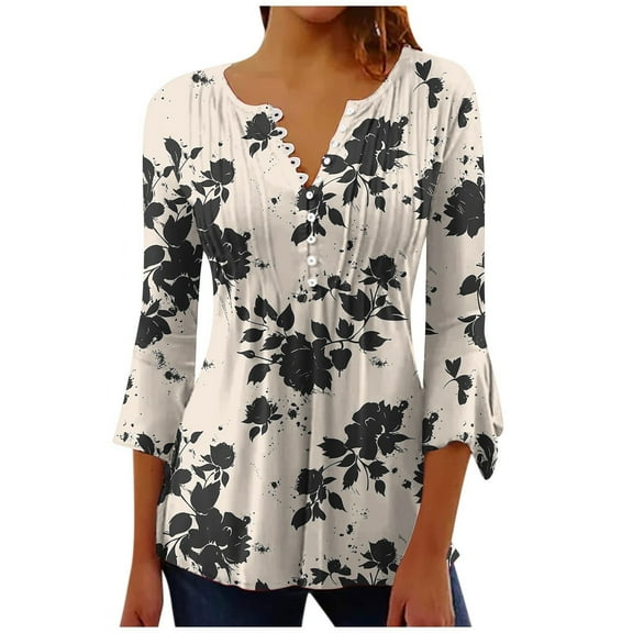 CYMMPU Loose Fit Button V Neck Flare Sleeve Flower Printed 3/4 Sleeve Spring Tunic Tops Fall Trendy Shirts Blouses for Women Dressy Casual Empire Waist A Line T-Shirts 16