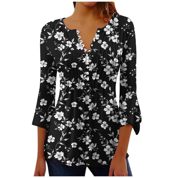 CYMMPU Loose Fit Button V Neck Flare Sleeve Spring Tops 3/4 Sleeve Tunic Tops Flower Printed Fall Trendy Shirts Blouses for Women Dressy Casual Empire Waist A Line T-Shirts Multicolor XL