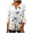 thumbnail image 1 of CYMMPU Loose Fit Button V Neck Flare Sleeve Spring Tops Blouses for Women Dressy Casual Fall Fashion Shirts 3/4 Sleeve Flower Pattern Tunic Tops Pleated Dressy T-Shirts Pink S, 1 of 5