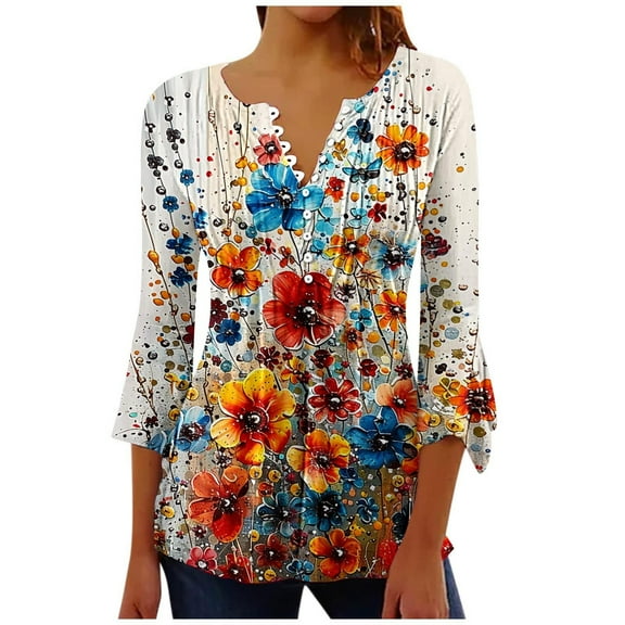 CYMMPU Loose Fit Button V Neck Flare Sleeve Spring Tops Floral Pattern 3/4 Sleeve Summer Fashion Shirts Blouses for Women Dressy Casual Tunic Tops Empire Waist A Line T-Shirts Multicolor XL