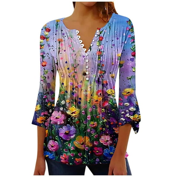 CYMMPU Loose Fit Button V Neck Flare Sleeve Spring Tops Flower Printed Tunic Tops Summer Fashion Shirts Blouses for Women Dressy Casual 3/4 Sleeve Pleated Dressy T-Shirts Multicolor XXL