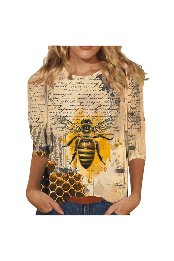 Loose Fit Crew Neck 3/4 Sleeve Blouses for Women Dressy Casual Fall Trendy Shirts Tunic Tops Spring Tops Bee Graphic Lightweight Basic Tees Multicolor XXL