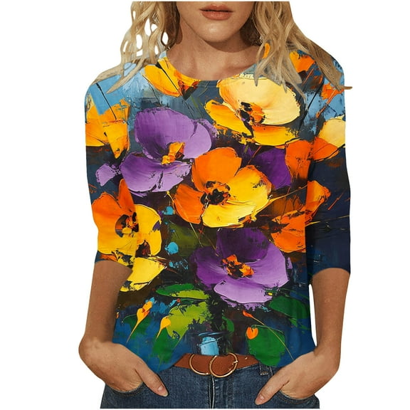 CYMMPU Loose Fit Crew Neck 3/4 Sleeve Spring Tunic Tops Boho Blouses for Women Dressy Casual Flower Pattern Summer Fashion Shirts Lightweight Basic T-Shirts Multicolor S