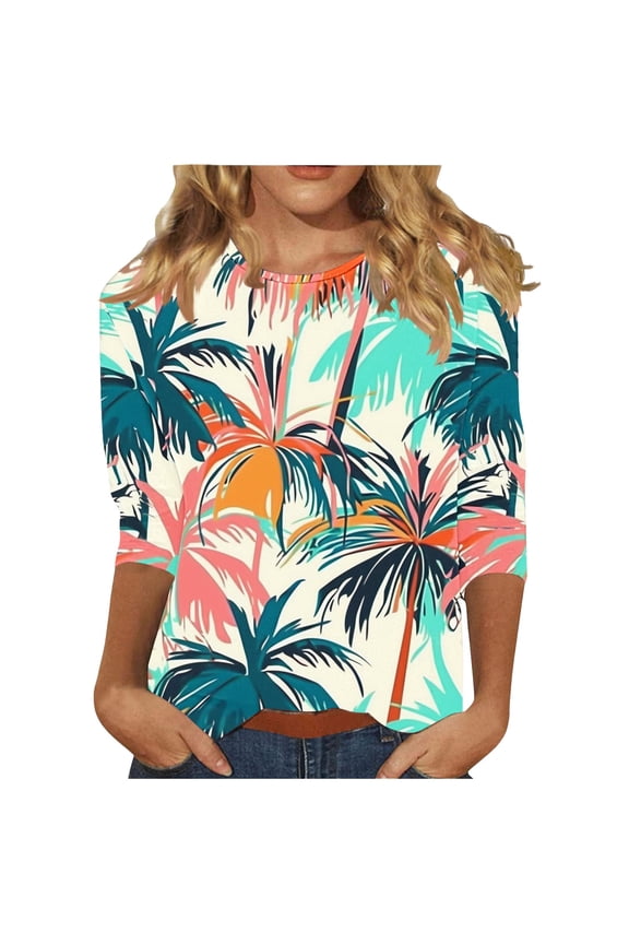 Loose Fit Crew Neck 3/4 Sleeve Tunic Tops Floral Printed Blouses for Women Dressy Casual Fall Trendy Shirts Spring Tops Lightweight Basic Tees L