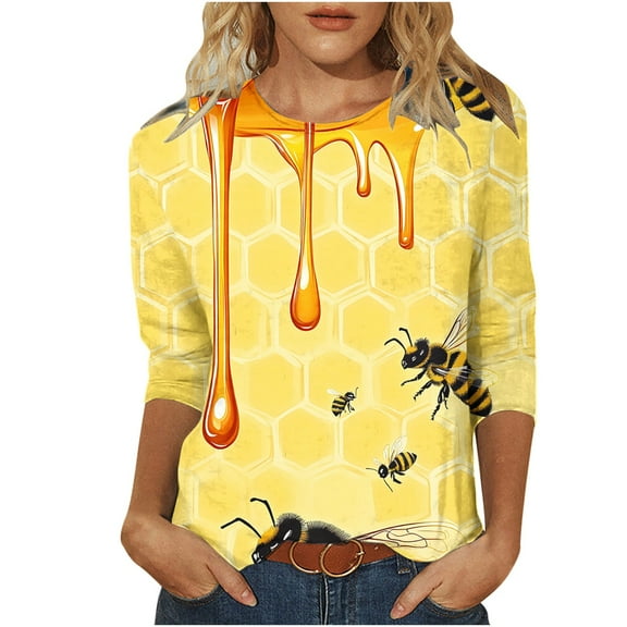 CYMMPU Loose Fit Crew Neck Bee Pattern Tunic Tops Summer Trendy Shirts Spring Tops Blouses for Women Dressy Casual 3/4 Sleeve Lightweight Basic Tees Yellow XXL