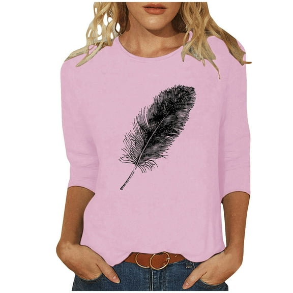 CYMMPU Loose Fit Crew Neck Blouses for Women Dressy Casual Spring Tunic Tops Fall Trendy Shirts Flower Printed 3/4 Sleeve Lightweight Basic Tees Pink XXXXXL