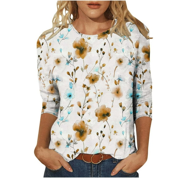 CYMMPU Loose Fit Crew Neck Blouses for Women Dressy Casual Tunic Tops Floral Printed Spring Tops Fall Trendy Shirts 3/4 Sleeve Lightweight Basic Tees Coffee XXL