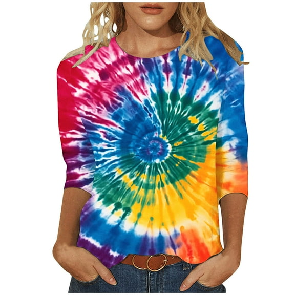 CYMMPU Loose Fit Crew Neck Fall Fashion Shirts Spring Tops 3/4 Sleeve Tunic Tops Tie Dye Blouses for Women Dressy Casual Ombre T-Shirts XXXL