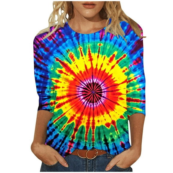 CYMMPU Loose Fit Crew Neck Fall Trendy Shirts 3/4 Sleeve Blouses for Women Dressy Casual Tunic Tops Spring Tops Tie Dye Ombre T-Shirts Multicolor XXL