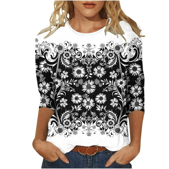CYMMPU Loose Fit Crew Neck Floral Printed Spring Tops Blouses for Women Dressy Casual Tunic Tops Fall Fashion Shirts 3/4 Sleeve Lightweight Basic T-Shirts Multicolor XXL