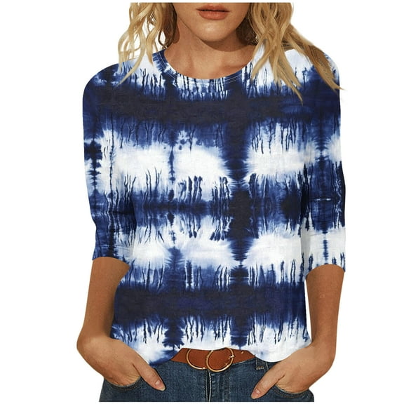 CYMMPU Loose Fit Crew Neck Spring Tops 3/4 Sleeve Summer Trendy Shirts Blouses for Women Dressy Casual Tunic Tops Flower Printed Lightweight Basic Tees Navy S