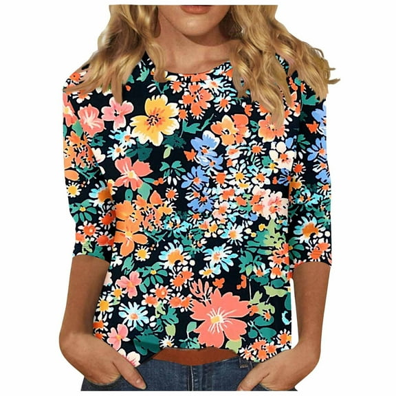 CYMMPU Loose Fit Crew Neck Spring Tops Blouses for Women Dressy Casual Floral Pattern 3/4 Sleeve Tunic Tops Summer Fashion Shirts Lightweight Basic T-Shirts Multicolor XXXL