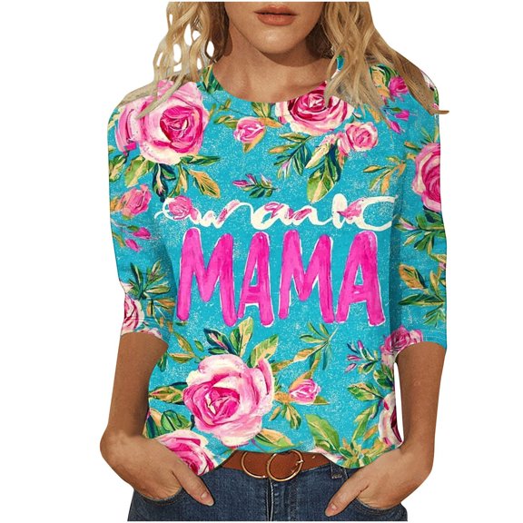 CYMMPU Loose Fit Crew Neck Spring Tops Summer Trendy Shirts 3/4 Sleeve Tunic Tops Boho Blouses for Women Dressy Casual Flower Printed Mother's Gift Tops T-Shirts Pink S