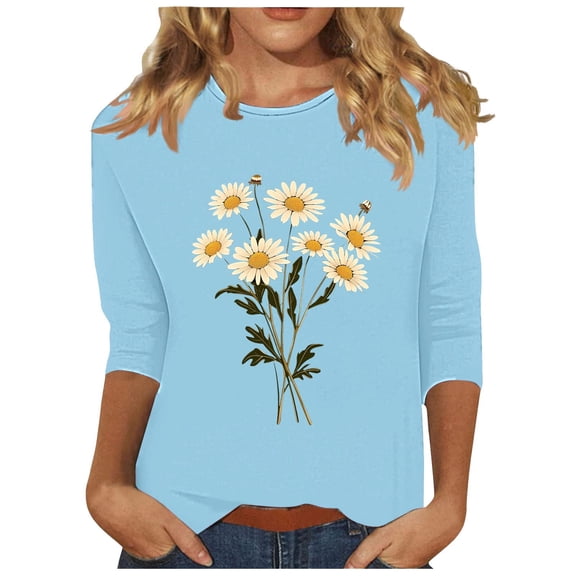 CYMMPU Loose Fit Crew Neck Spring Tunic Tops Fall Trendy Shirts 3/4 Sleeve Flower Pattern Blouses for Women Dressy Casual Lightweight Basic Tees Light Blue L