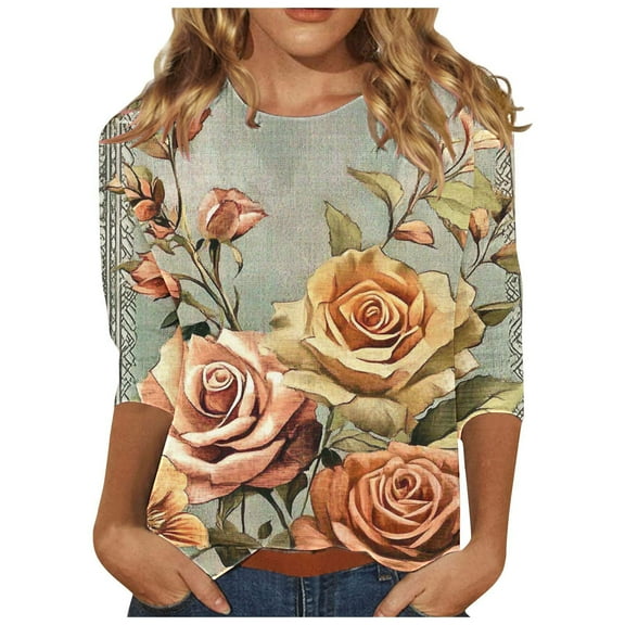 CYMMPU Loose Fit Crew Neck Summer Fashion Shirts Blouses for Women Dressy Casual Floral Pattern Spring Tops 3/4 Sleeve Tunic Tops Lightweight Basic T-Shirts Yellow L