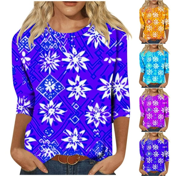 CYMMPU Loose Fit Crew Neck Summer Fashion Shirts Blouses for Women Dressy Casual Spring Tunic Tops 3/4 Sleeve Floral Pattern Empire Waist A Line T-Shirts XXXL
