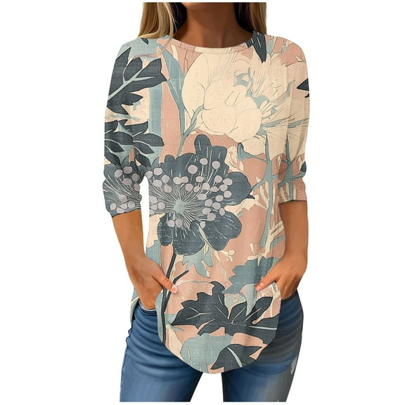 CYMMPU Loose Fit Crew Neck Summer Trendy Shirts 3/4 Sleeve Floral Pattern Blouses for Women Dressy Casual Tunic Tops Spring Tops Empire Waist A Line T-Shirts L