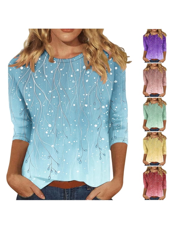 Loose Fit Crew Neck Summer Trendy Shirts Spring Tops Blouses for Women Dressy Casual 3/4 Sleeve Tunic Tops Flower Printed Lightweight Basic Tees Light Blue L