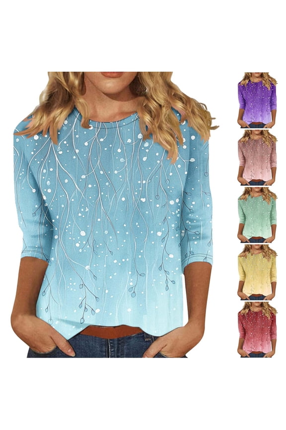 Loose Fit Crew Neck Summer Trendy Shirts Spring Tops Blouses for Women Dressy Casual 3/4 Sleeve Tunic Tops Flower Printed Lightweight Basic Tees Light Blue L