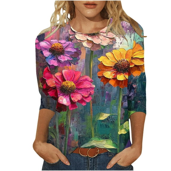 CYMMPU Loose Fit Crew Neck T-Shirts Summer Trendy Shirts 3/4 Sleeve Flower Printed Blouses for Women Dressy Casual Spring Tops Lightweight Basic Tees Multicolor L