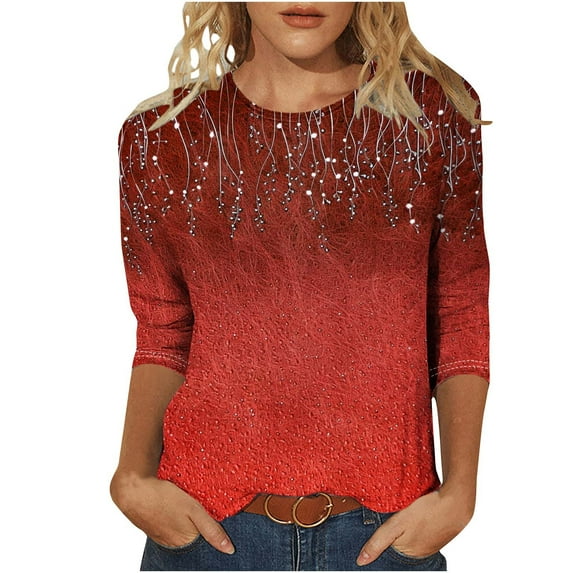 CYMMPU Loose Fit Crew Neck Tunic Tops 3/4 Sleeve Blouses for Women Dressy Casual Fall Trendy Shirts Spring Tops Floral Printed Lightweight Basic Tees Red M