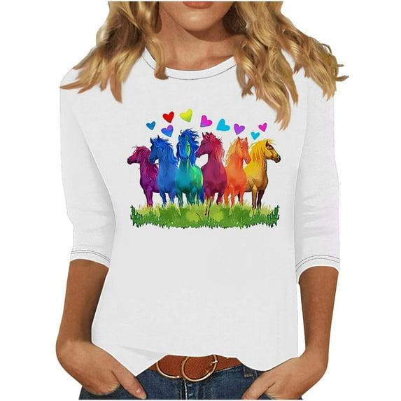 CYMMPU Loose Fit Crew Neck Tunic Tops Boho Blouses for Women Dressy Casual 3/4 Sleeve Spring Tops Fall Trendy Shirts Floral Pattern Lightweight Basic Tees Multicolor M