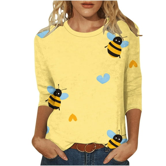 CYMMPU Loose Fit Crew Neck Tunic Tops Boho Blouses for Women Dressy Casual Spring Tops Fall Trendy Shirts Bee Graphic 3/4 Sleeve Cute Animals T-Shirts S