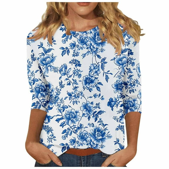 CYMMPU Loose Fit Crew Neck Tunic Tops Floral Pattern 3/4 Sleeve Spring Tops Blouses for Women Dressy Casual Summer Fashion Shirts Lightweight Basic T-Shirts Multicolor S