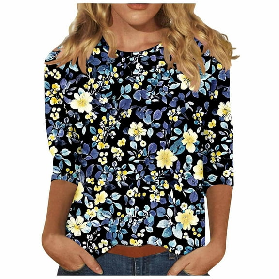CYMMPU Loose Fit Crew Neck Tunic Tops Floral Printed 3/4 Sleeve Spring Tops Fall Trendy Shirts Blouses for Women Dressy Casual Lightweight Basic Tees Multicolor M