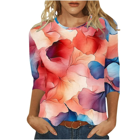 CYMMPU Loose Fit Crew Neck Tunic Tops Spring Tops Flower Printed Blouses for Women Dressy Casual 3/4 Sleeve Summer Fashion Shirts Lightweight Basic T-Shirts Multicolor M