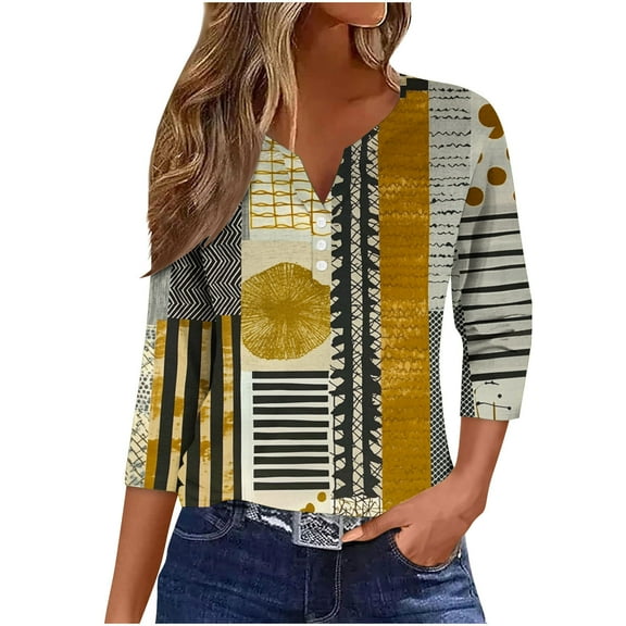 CYMMPU Loose Fit Lace V Neck Floral Printed Tunic Tops 3/4 Sleeve Fall Trendy Shirts Spring Tops Blouses for Women Dressy Casual Business Elegant Work Tops T-Shirts Khaki XXL