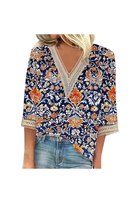 Loose Fit Lace V Neck Flower Pattern 3/4 Sleeve Tunic Tops Spring Tops Fall Trendy Shirts Blouses for Women Dressy Casual Business Elegant Work Tops T-Shirts Navy XXL