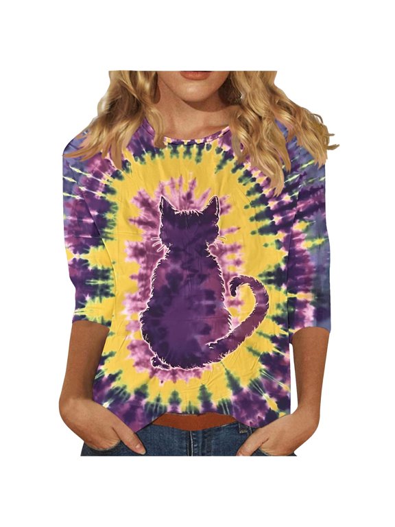 Loose Fit Round Neck 3/4 Sleeve Blouses for Women Dressy Casual Spring Tops Fall Fashion Shirts Tunic Tops Tie Dye Ombre T-Shirts Multicolor XL