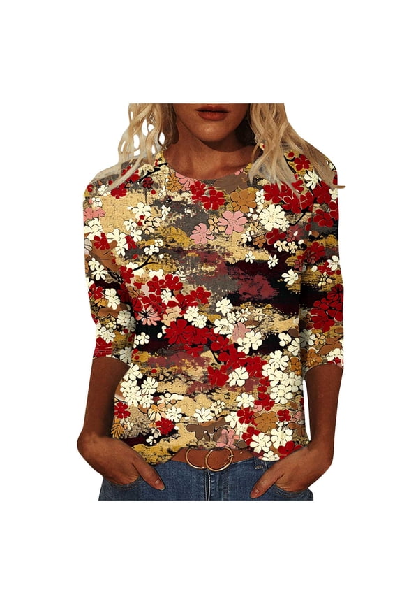 Loose Fit Round Neck 3/4 Sleeve Fall Fashion Shirts Flower Pattern Tunic Tops Spring Tops Blouses for Women Dressy Casual Lightweight Basic T-Shirts Multicolor XXL