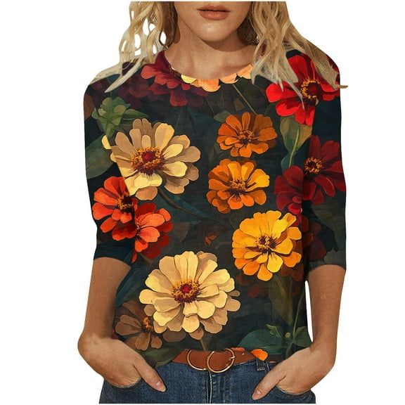 CYMMPU Loose Fit Round Neck 3/4 Sleeve Fall Fashion Shirts Spring Tops Blouses for Women Dressy Casual Floral Pattern Tunic Tops Lightweight Basic T-Shirts Multicolor XXL