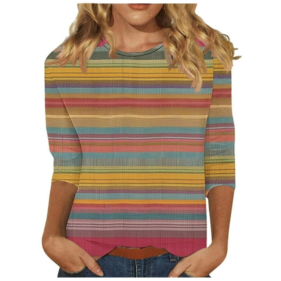 CYMMPU Loose Fit Round Neck 3/4 Sleeve Striped Ombre Blouses for Women Dressy Casual Spring Tops Fall Fashion Shirts Tunic Tops Dye Tie T-Shirts XXL