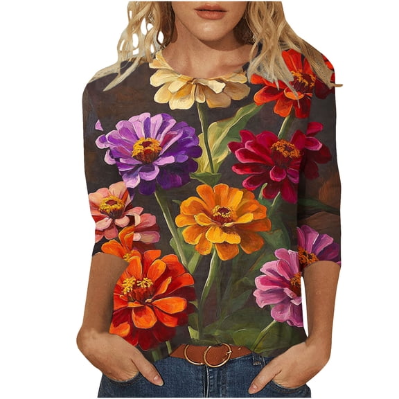 CYMMPU Loose Fit Round Neck 3/4 Sleeve Summer Trendy Shirts Floral Printed Spring Tops Blouses for Women Dressy Casual Tunic Tops Lightweight Basic Tees Multicolor XXXXXL