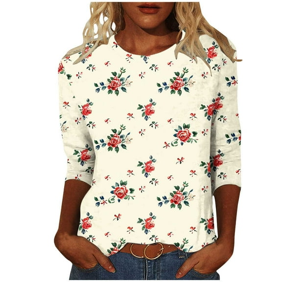 CYMMPU Loose Fit Round Neck 3/4 Sleeve Summer Trendy Shirts Spring Tunic Tops Boho Blouses for Women Dressy Casual Flower Pattern Lightweight Basic Tees Multicolor XXXXXL