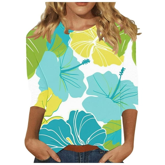 CYMMPU Loose Fit Round Neck 3/4 Sleeve Tunic Tops Flower Printed Blouses for Women Dressy Casual Spring Tops Fall Fashion Shirts Lightweight Basic T-Shirts L