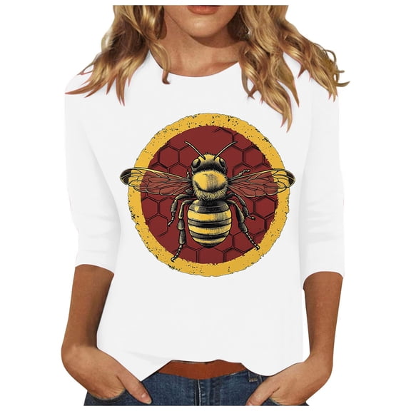 CYMMPU Loose Fit Round Neck Bee Pattern Blouses for Women Dressy Casual 3/4 Sleeve Spring Tops Fall Trendy Shirts Tunic Tops Lightweight Basic Tees White XXL